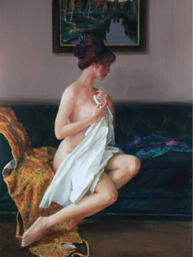 소파에 앉아 있는 여자 100x65㎝, Acrylic on canvas. 2019